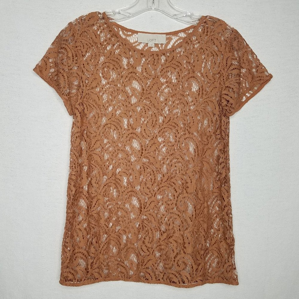 Ann Taylor Loft Short Sleeve Lace Overlay‎ Top